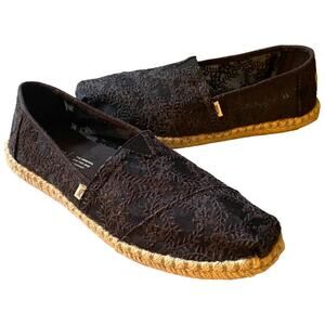 TOMS Black Blossom Lace Alpargata Rope Espadrille Slip On Flats Size 8